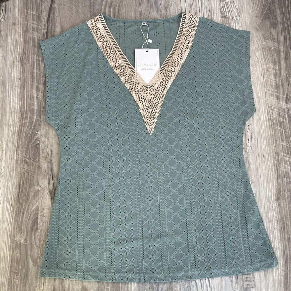Etcyy New M Womens Blouse Aqua Green Eyelet Crochet Vneck Tunic Medium